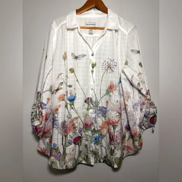 Alfred Dunner Garden Party Floral Watercolor Button Front White Blouse XL NWOT - Picture 1 of 13